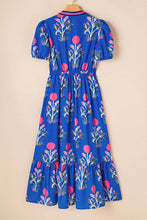 Load image into Gallery viewer, Charlotte Floral Puff Short Sleeve V Neck High Waist Maxi Dress: Sky Blue
