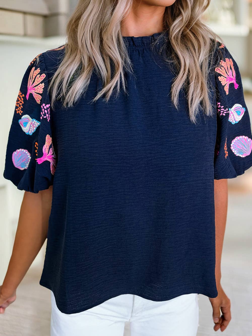 Shellfish Coral Embroidery Puff Sleeve Frilled Neck Blouse: Sail Blue