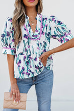 Load image into Gallery viewer, Floral Ricrac Trim Half Sleeve Peplum Top: Purple
