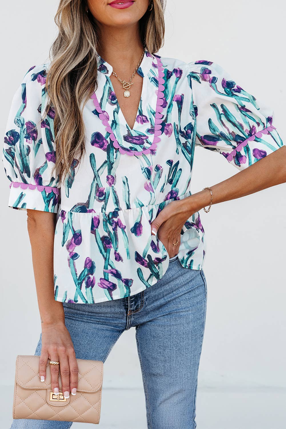 Floral Ricrac Trim Half Sleeve Peplum Top: Purple
