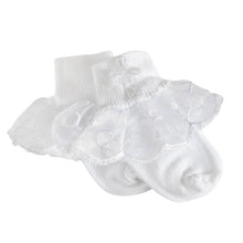 Load image into Gallery viewer, White Baby Girl Lace Baptism or Christening Socks with Cross
