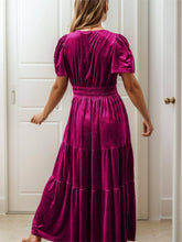 Load image into Gallery viewer, Velvet Shirred Waist Tiered Maxi Dress: Red Dahlia / 95%Polyester+5%Elastane
