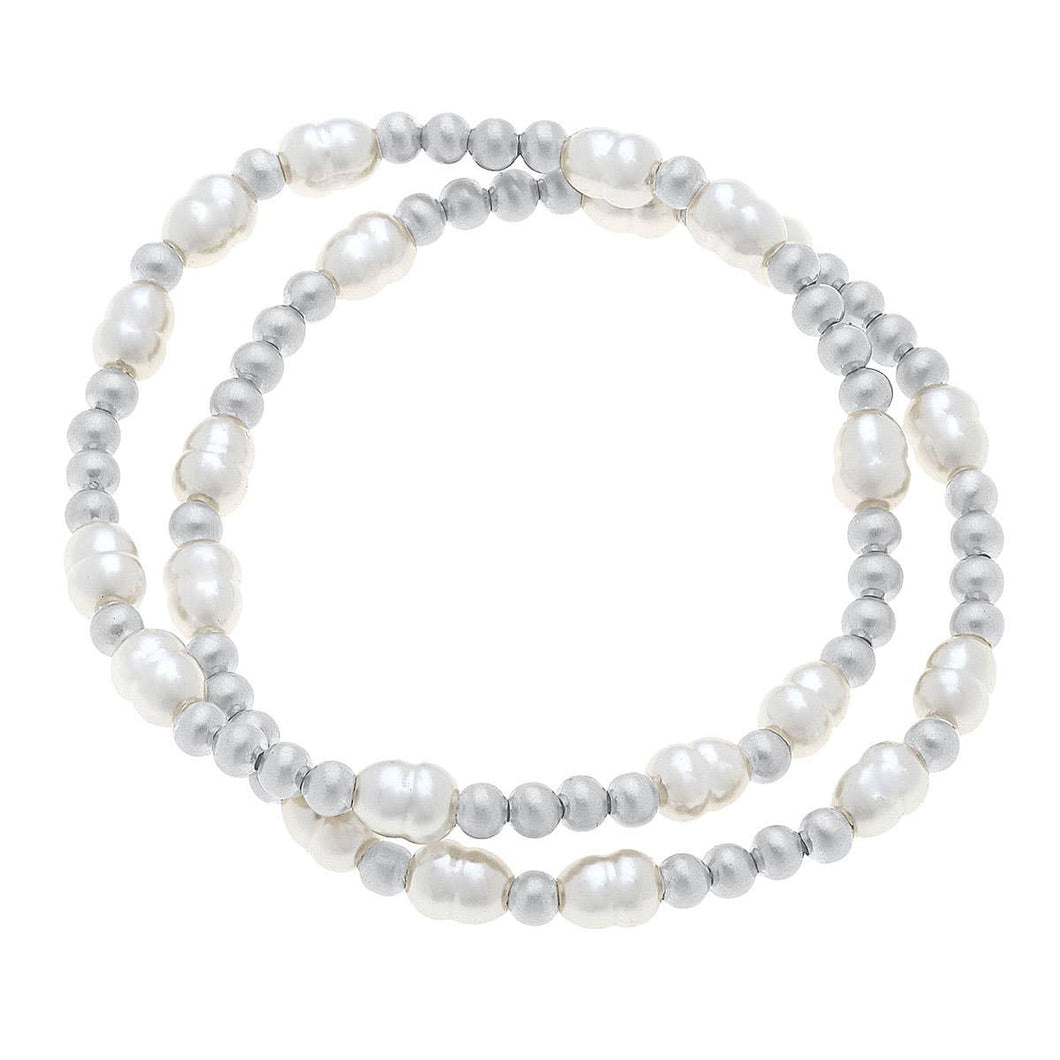 Morgan Ball Bead & Pearl Stretch Bracelets (Set of 2): Satin Silver 25155b-sl