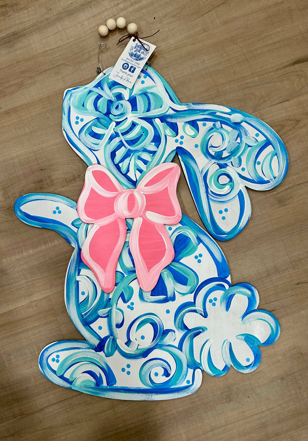 Chinoiserie bunny with pink 3D bow, door hanger-may require additional shipping charge
