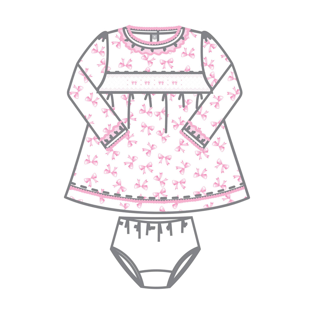 Baby Bows Smocked Ruffle L/S Dress Set: Pink