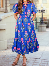 Load image into Gallery viewer, Charlotte Floral Puff Short Sleeve V Neck High Waist Maxi Dress: Sky Blue
