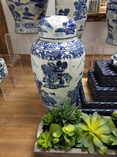 Load image into Gallery viewer, Blue &amp; White Chinoiserie Ceramic Urn Jar 16&quot;
