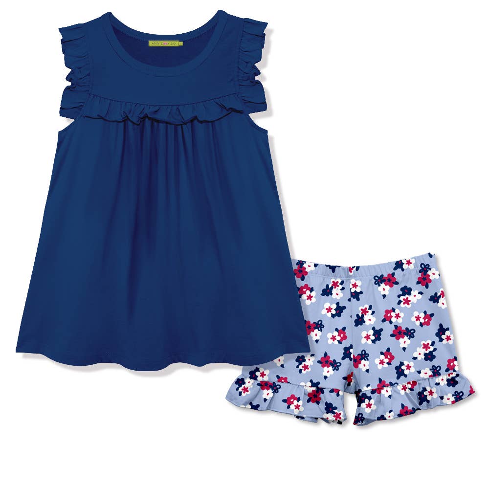 Navy Ruffle-Accent Tank & Liberty Floral Ruffle Shorts