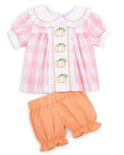 Load image into Gallery viewer, Proper Pumpkins Pink Gingham A-Line Dress and Bloomer Set with Pumpkin Embroidery

