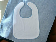 Load image into Gallery viewer, Bib (Picot Trim) Newborn, Baby Gift, Embroidery, Monogram: Blue Trim
