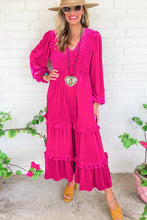 Load image into Gallery viewer, Rose Red Shirred V Neck Long Sleeve Velvet Dress: Rose Red / 95%Polyester+5%Elastane / pre order does not arrive to the store until mid october
