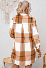Load image into Gallery viewer, Plaid Pattern Collared Neck Ruffled Sleeve Shirt Dress: Khaki / 65%Polyester+35%Cotton
