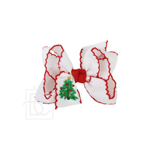 Load image into Gallery viewer, EMBROIDERED CHRISTMAS TREE CROCHET EDGE BOWS: White w/ Light Pink Crochet Edge / 4.5&quot; Large
