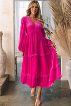 Load image into Gallery viewer, Rose Red Shirred V Neck Long Sleeve Velvet Dress: Rose Red / 95%Polyester+5%Elastane / pre order does not arrive to the store until mid october
