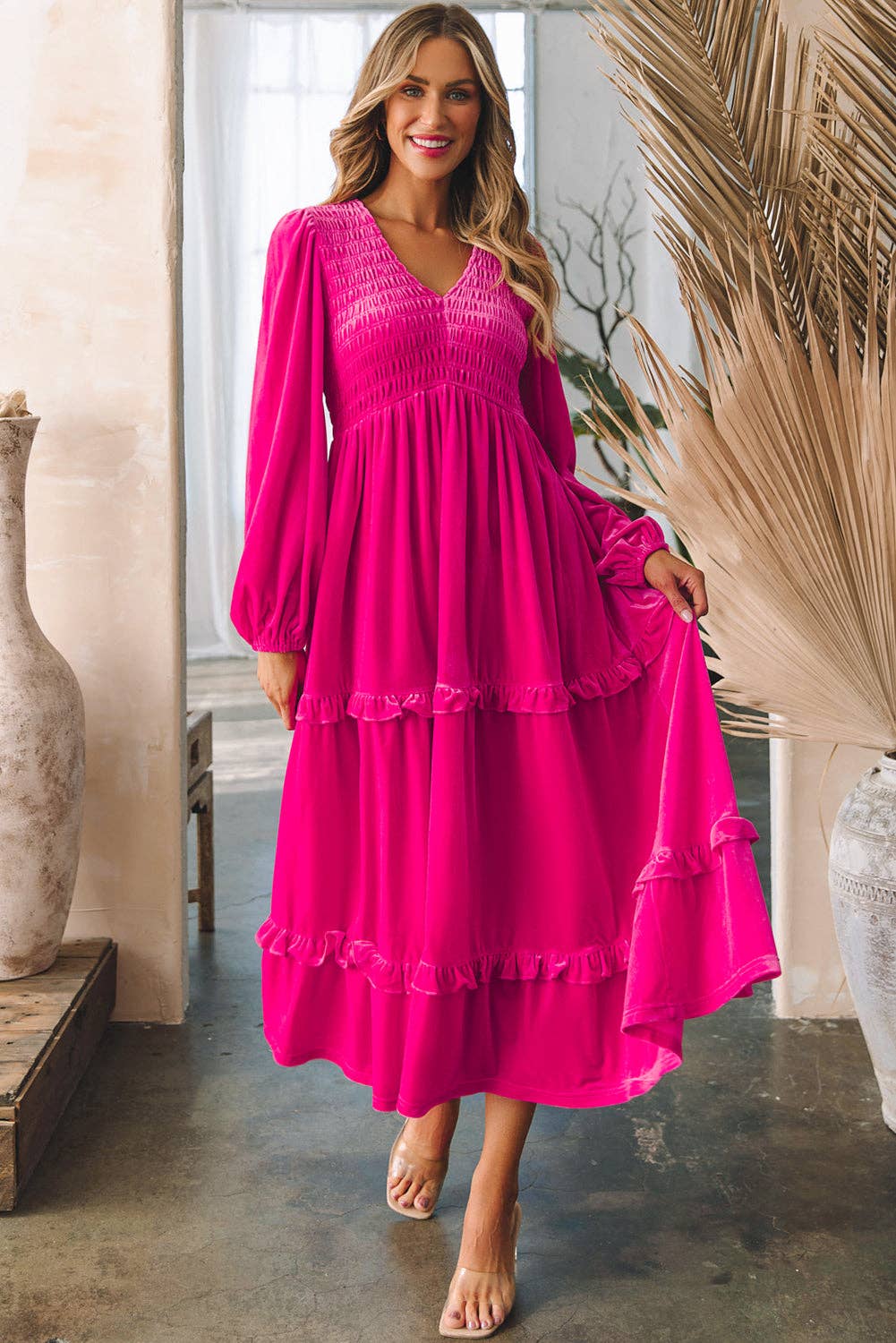 Rose Red Shirred V Neck Long Sleeve Velvet Dress: Rose Red / 95%Polyester+5%Elastane / pre order does not arrive to the store until mid october
