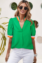 Load image into Gallery viewer, LDC Colorful Trim Collar Pinched V Neck Blouse: Bright Green
