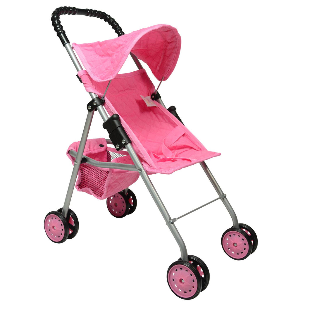 My First Doll Stroller with basket and hood pink hearts: Pink Quilted