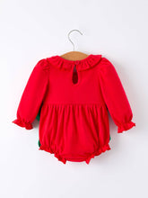 Load image into Gallery viewer, Christmas Smocked Girls Romper with Green Bow and Tree Embroidery-this brand runs short in the bubble please consider sizing up.
