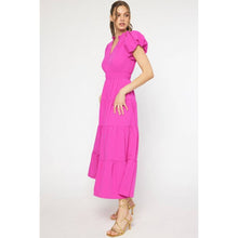 Load image into Gallery viewer, V-neck bubble sleeve tiered midi dress: MAGENTA

