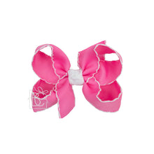 Load image into Gallery viewer, CROCHET EDGE RIBBON BOW ON CLIP: 5.5&quot; Extra Large - 2.25&quot; Ribbons on Alligator Clip / HOT PINK
