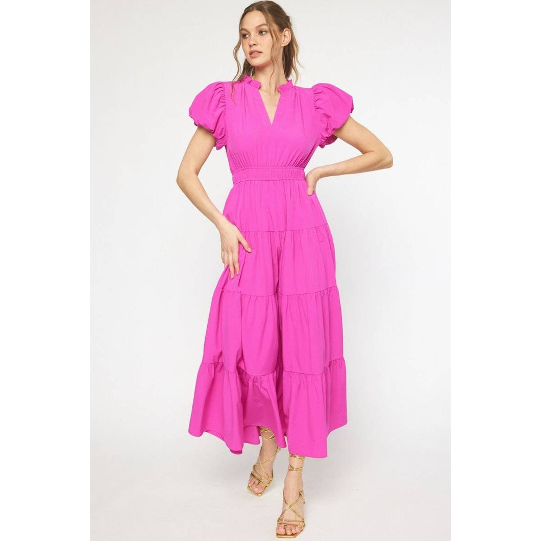 V-neck bubble sleeve tiered midi dress: MAGENTA