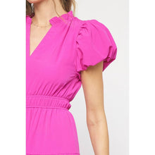 Load image into Gallery viewer, V-neck bubble sleeve tiered midi dress: MAGENTA
