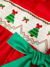 Load image into Gallery viewer, Christmas Smocked Dress with Green Bow and Tree Embroidery
