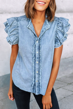 Load image into Gallery viewer, LDC Button Front Ruffle Flutter Fray Denim Blouse
