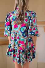 Load image into Gallery viewer, Giana Green Leopard Print Bubble Sleeve Slit Neck Ruffled Dress
