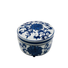 Load image into Gallery viewer, Blue &amp; White Chinoiserie Round Ceramic Box - Lotus
