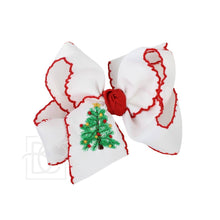 Load image into Gallery viewer, EMBROIDERED CHRISTMAS TREE CROCHET EDGE BOWS: White w/ Light Pink Crochet Edge / 4.5&quot; Large
