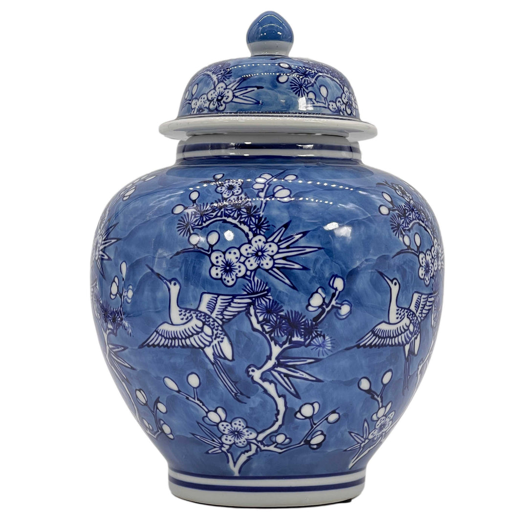 Blue & White Floral Crane Ceramic Chinoiserie Ginger Jar 10