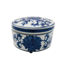 Load image into Gallery viewer, Blue &amp; White Chinoiserie Round Ceramic Box - Lotus
