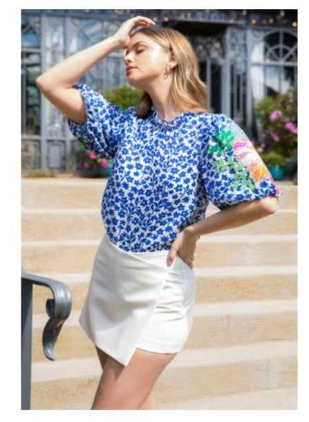 Embroidered Sleeve Flower Print top