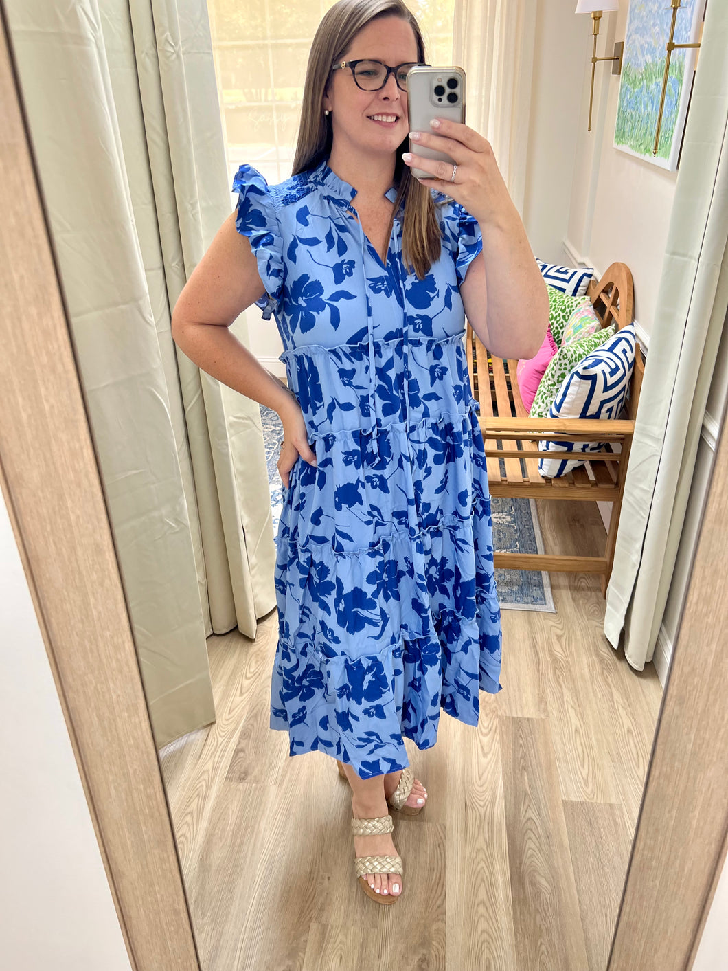 Blue Floral Flutter Sleeve Dress