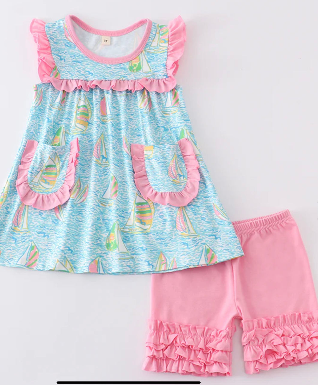 Mint Sailboat pocket ruffle girl set