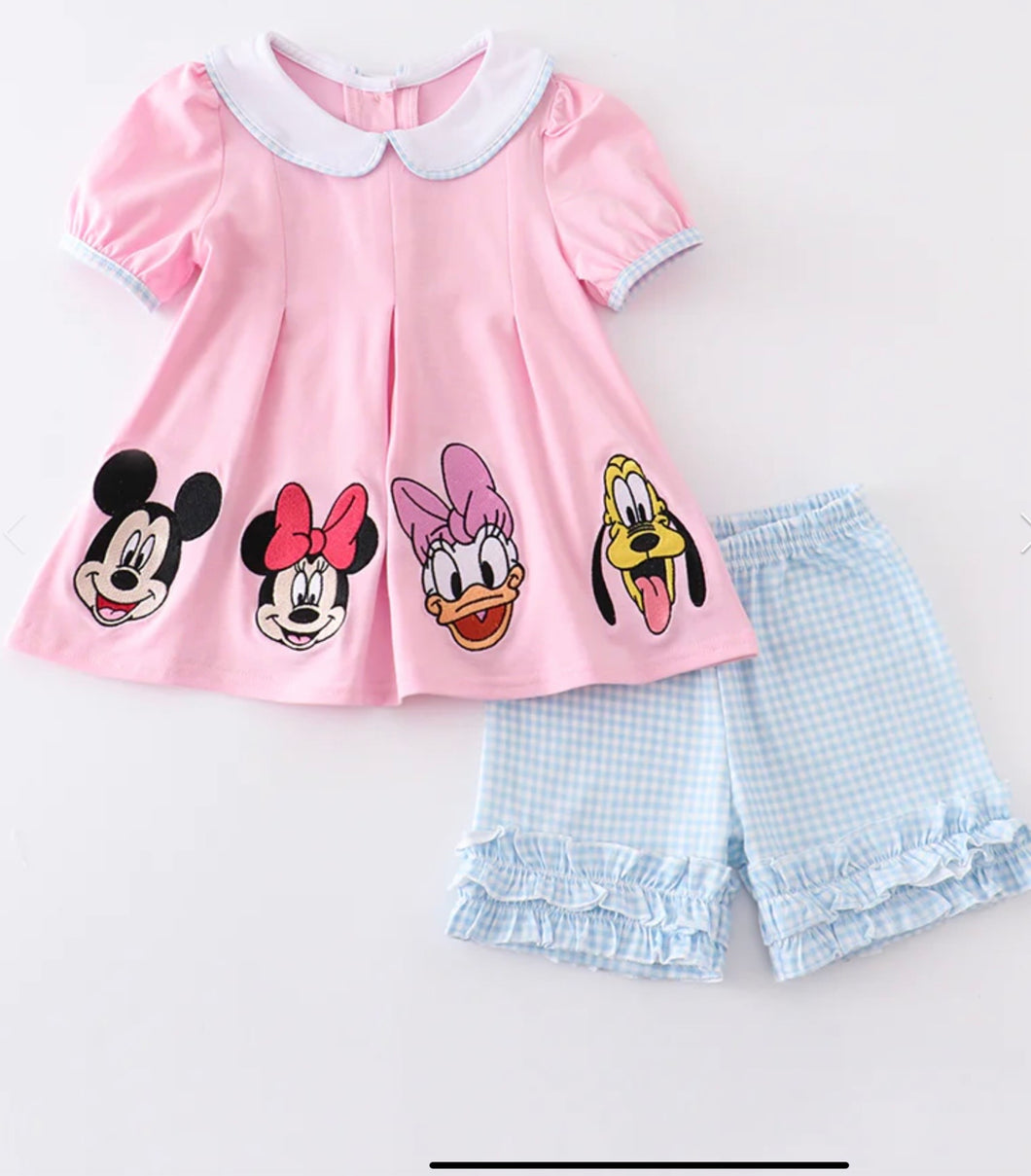 Pink character and Friend Embroidery Short set