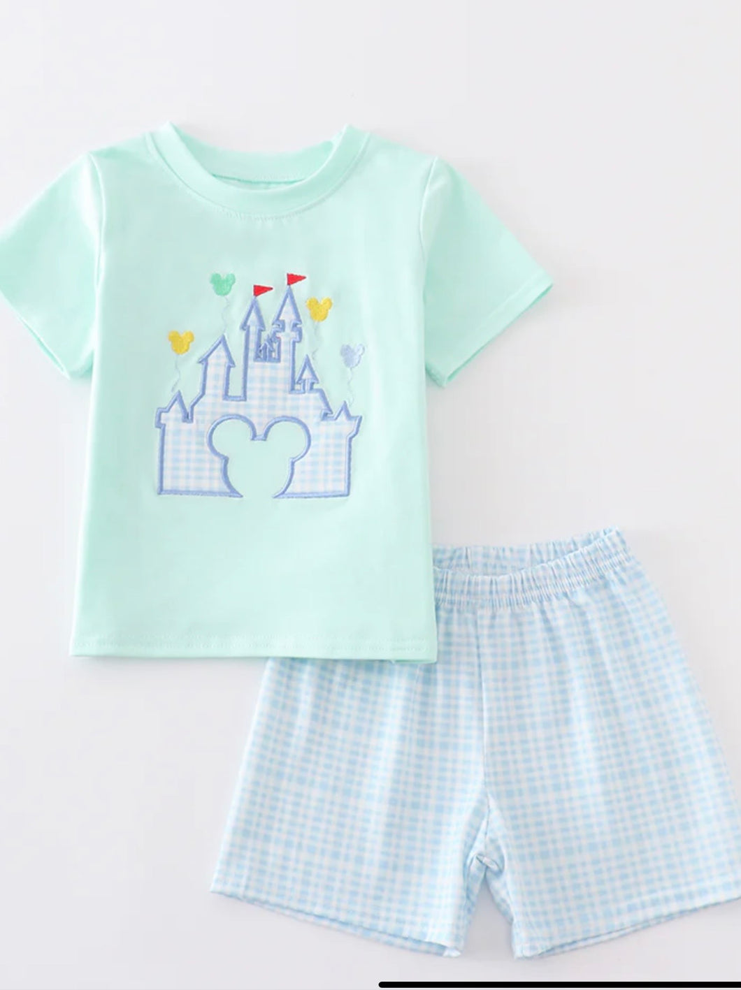 Green Castle short set with blue gingham shorts