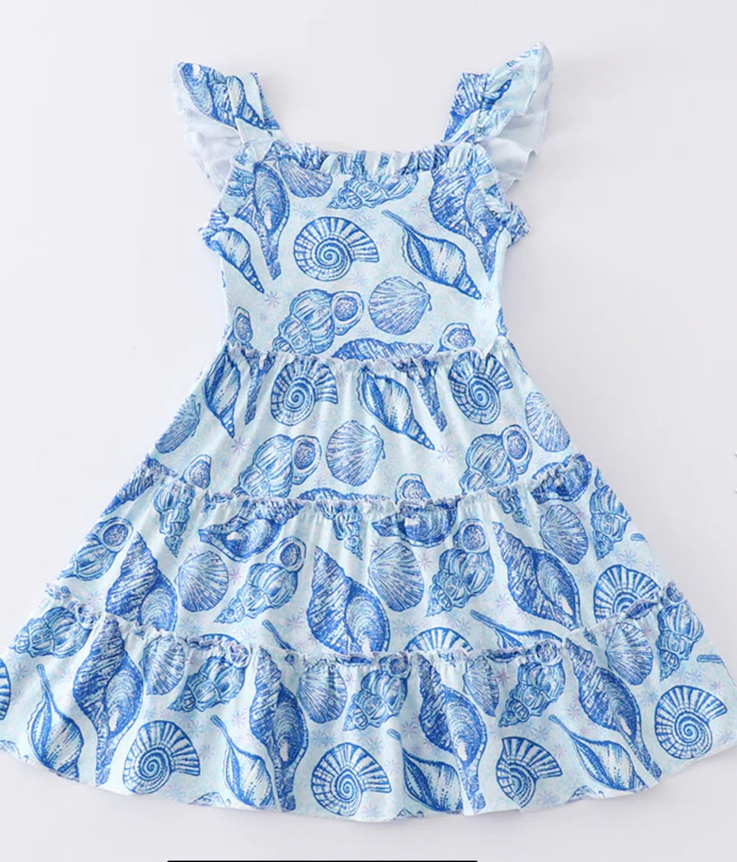 Blue conch print ruffle tiered dress