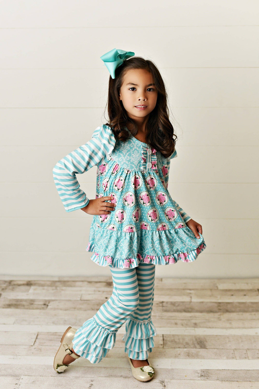 Kids Teal & Pink Floral Stripe Ruffle Pant Set