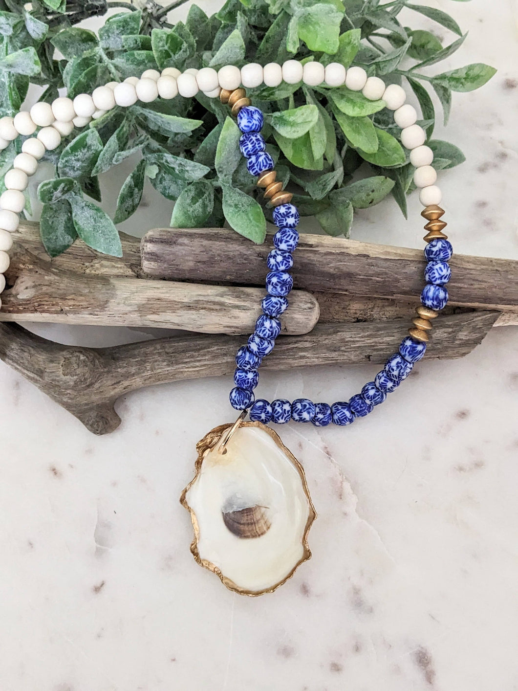 Blue & White Chinoiserie Beaded Oyster Shell Necklace