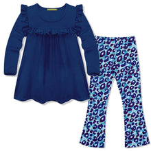 Load image into Gallery viewer, Navy Ruffle Top &amp; Watercolor Leopard Flare Leggings
