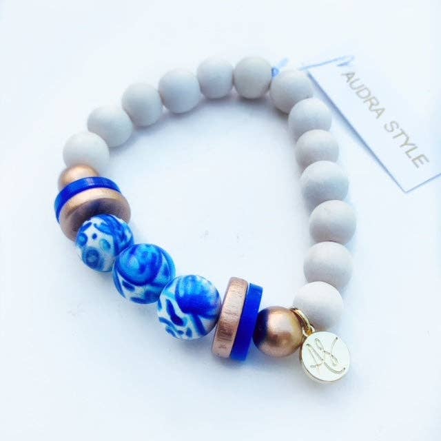 Blue White Bead Gold Blue Disk Colorful Stacking Bracelet