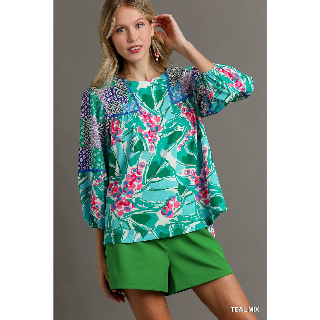 Boxy Cut Round Neck Top : TEAL MIX