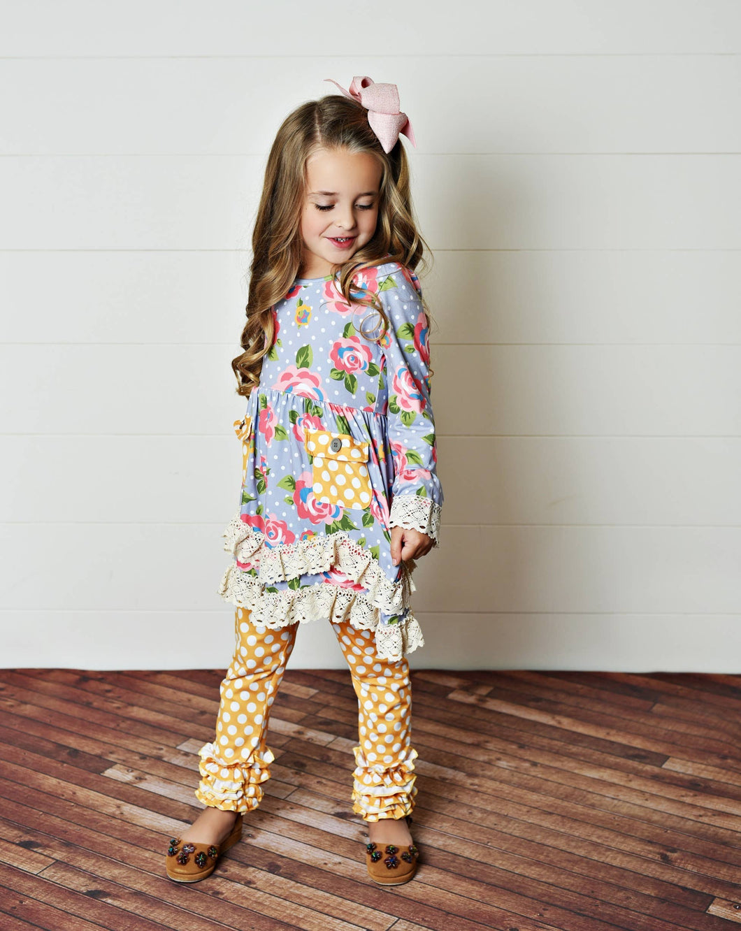 Girls Purple Floral & Mustard Polka Dot Fall Set