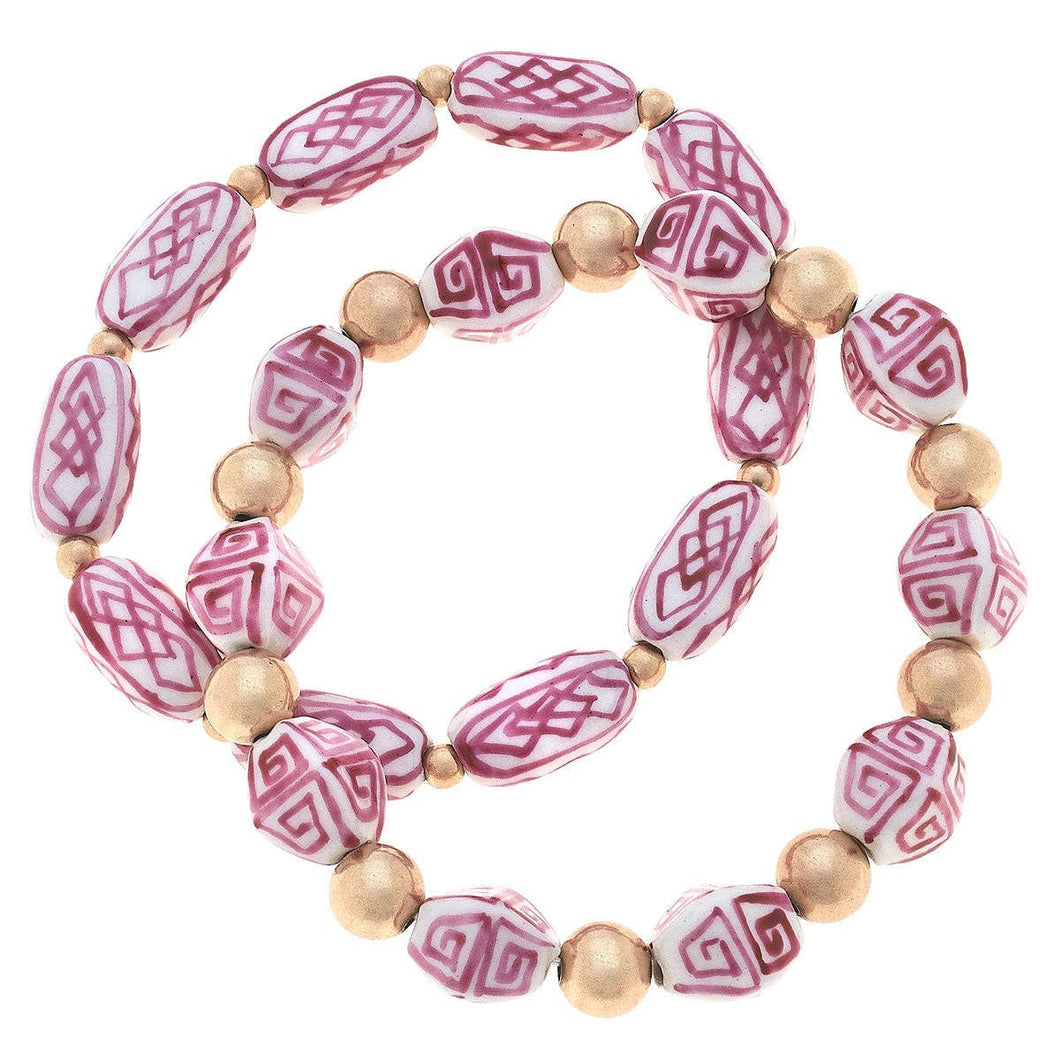 Katherine Chinoiserie & Ball Bead Bracelets in Pink & White (Set of 2)