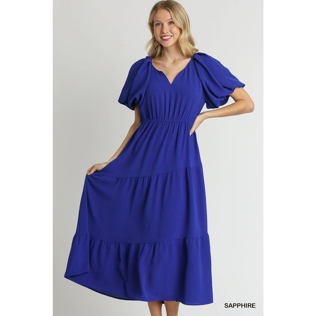 Solid Split Neck A-Line Midi Dress: SAPPHIRE
