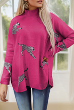 Load image into Gallery viewer, Rose Red Lively Cheetah Print High Neck Split Hem Sweater
