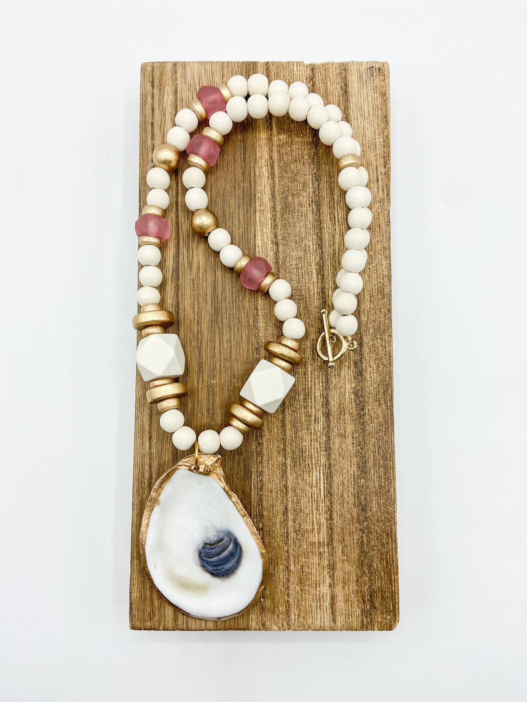 Cream Wood & Pink Glass Beaded Oyster Necklace