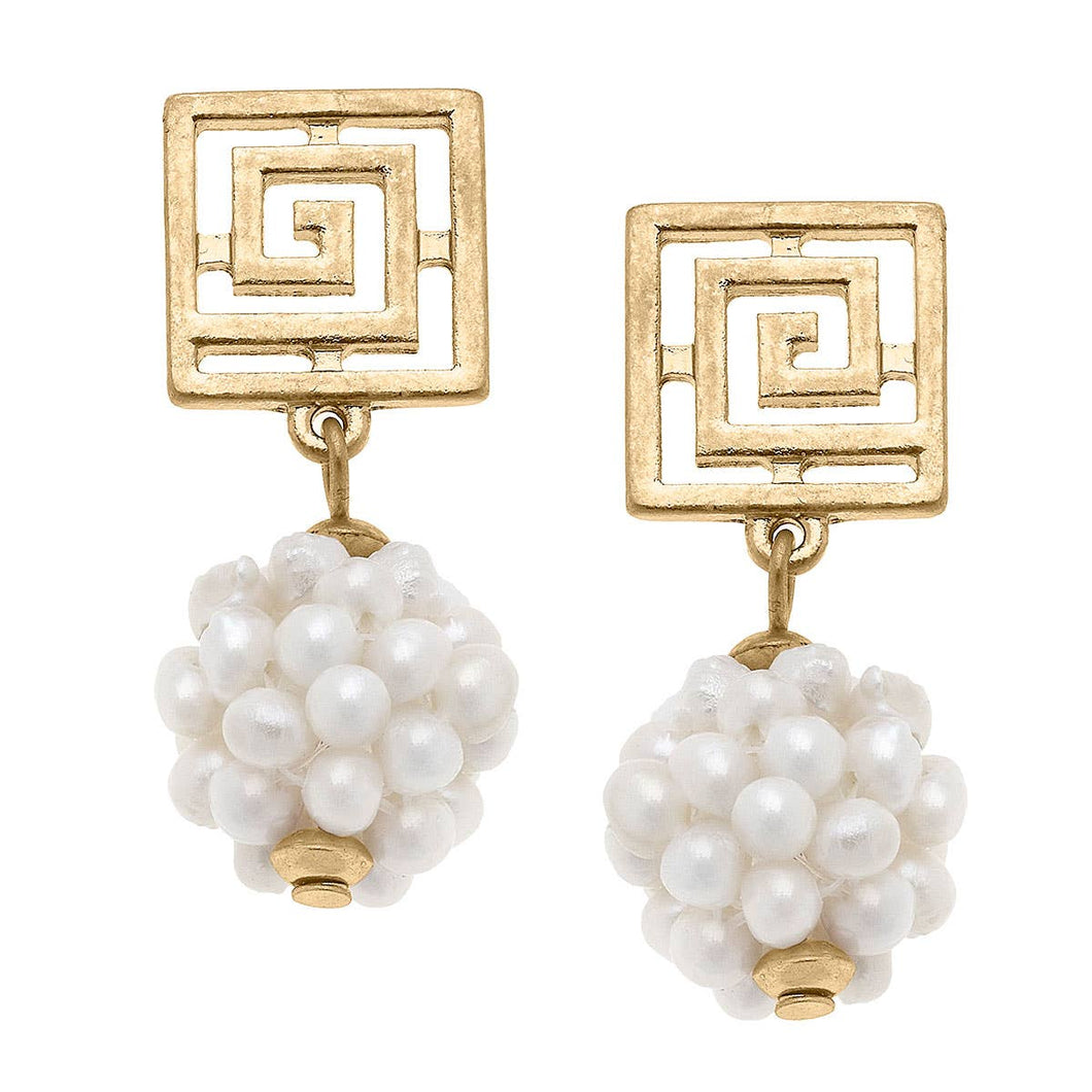 Shea Greek Keys Pearl Cluster Drop Earrings in Ivory